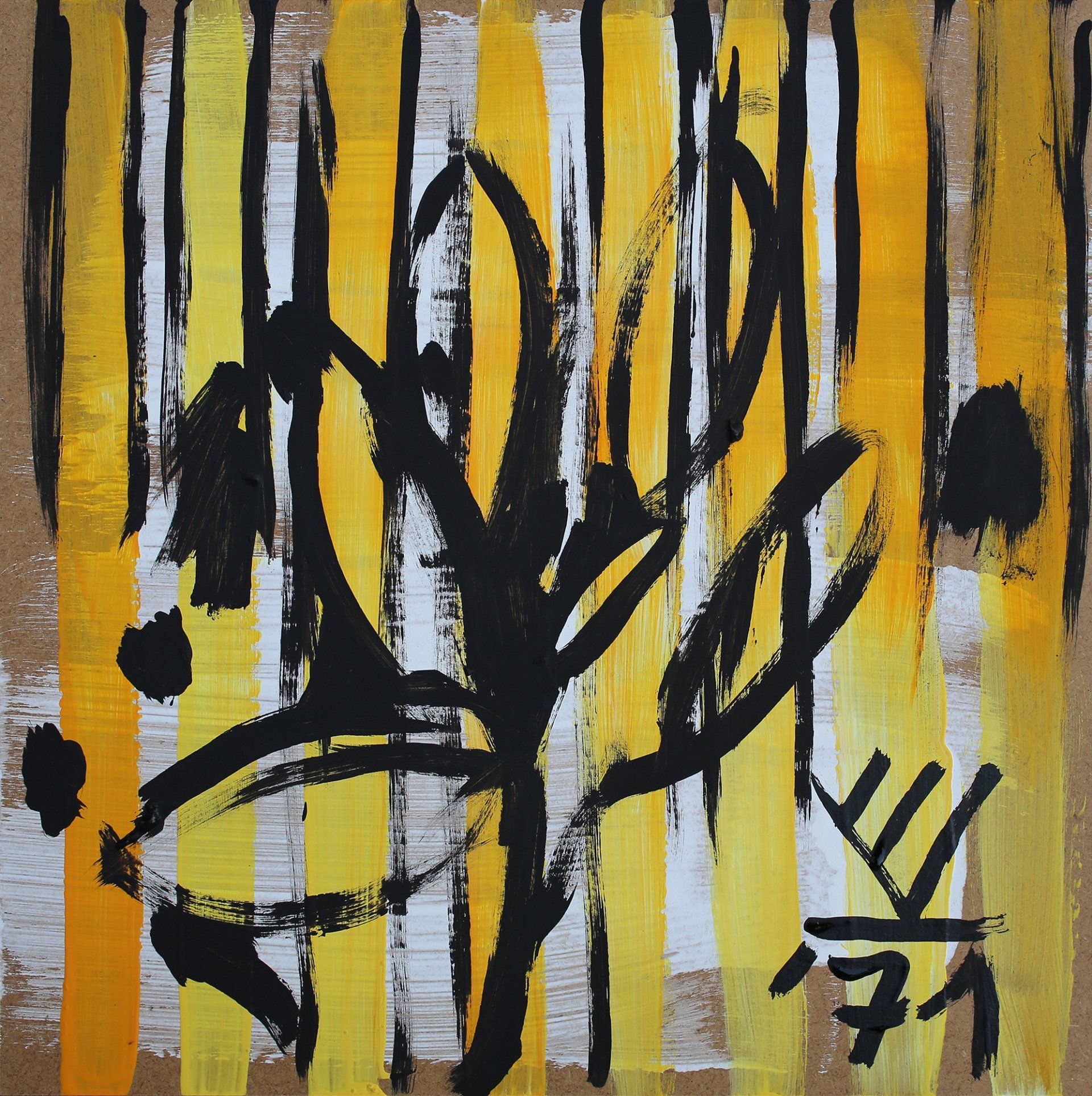 Titel: „671“ von Vincent van Volkmer. Jahr 1971. Grösse: 40 cm. x 40 cm. Technik: Akryl auf Holz. Auf der Rückseite das typische handgemachte Originalitätsnachweis bestehend u. a. aus einem alten Manuscript.